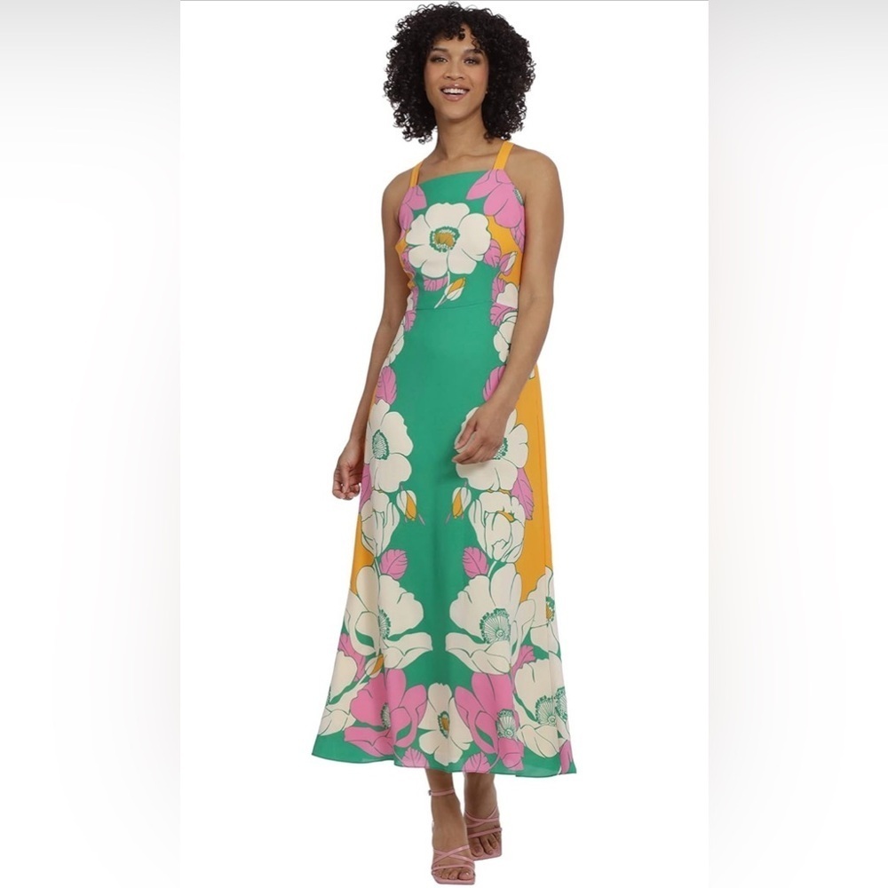 Maggy London Floral Mimosa Dress Size 0 NWT Floral Maxi Dress in Green and Pink - Picture 1 of 9